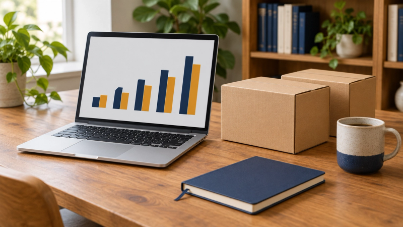 A wooden desk with an open laptop showing a simple navy and amber bar chart, two matching kraft shipping boxes beside it, a navy notebook and a speckled mug, with blurred plants and a bookshelf behind.
