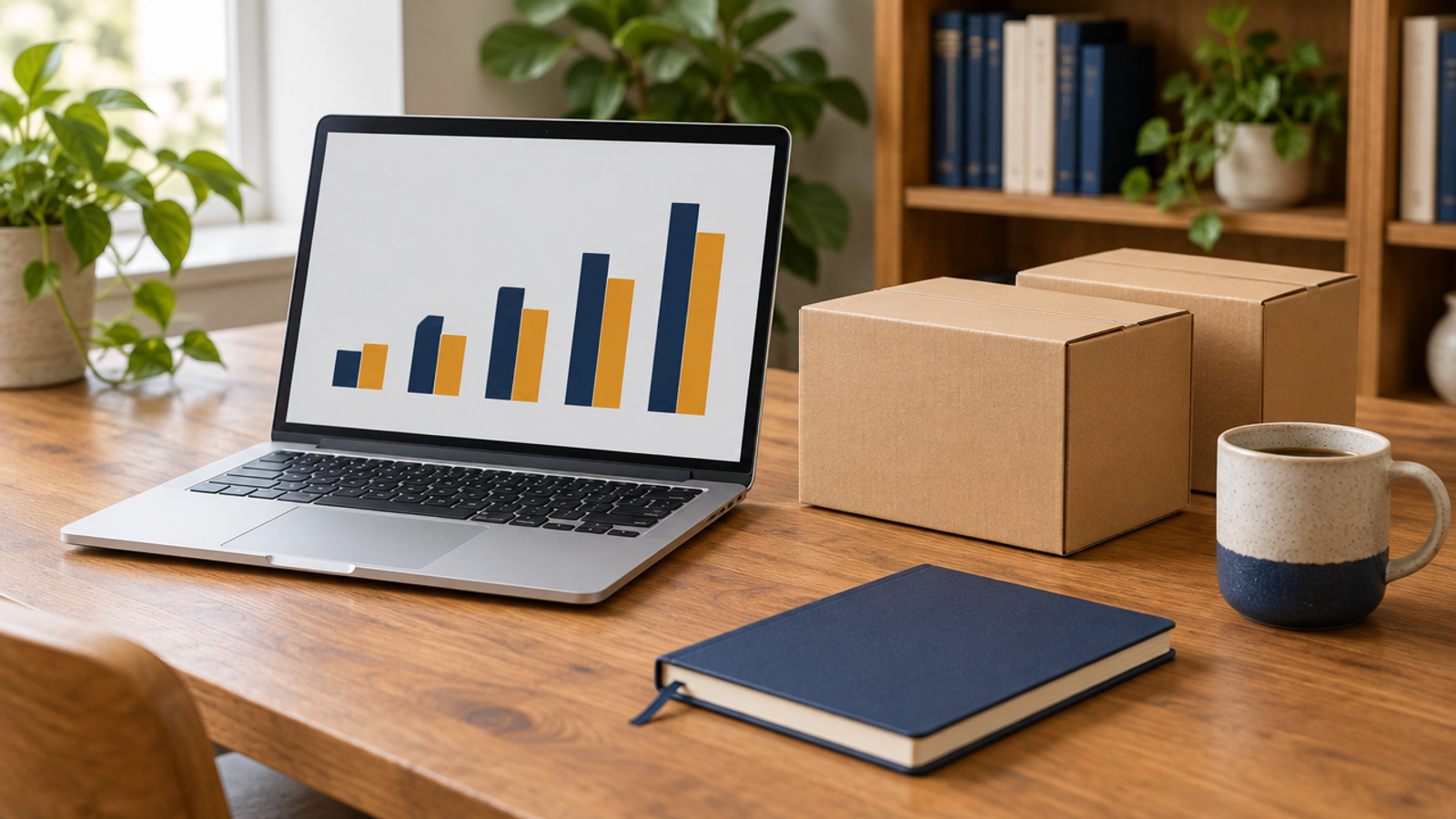 A wooden desk with an open laptop showing a simple navy and amber bar chart, two matching kraft shipping boxes beside it, a navy notebook and a speckled mug, with blurred plants and a bookshelf behind.