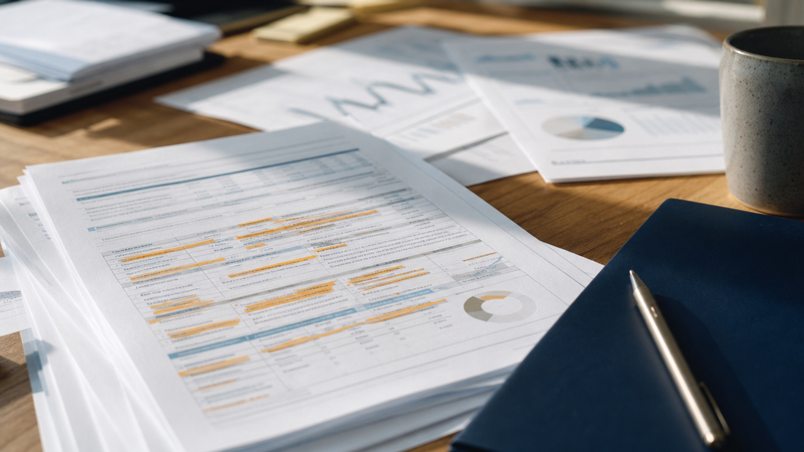 Printed email report sheets with highlighter marks spread on a desk beside a navy folder and pen
