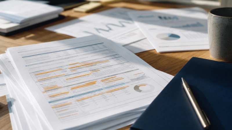 Printed email report sheets with highlighter marks spread on a desk beside a navy folder and pen