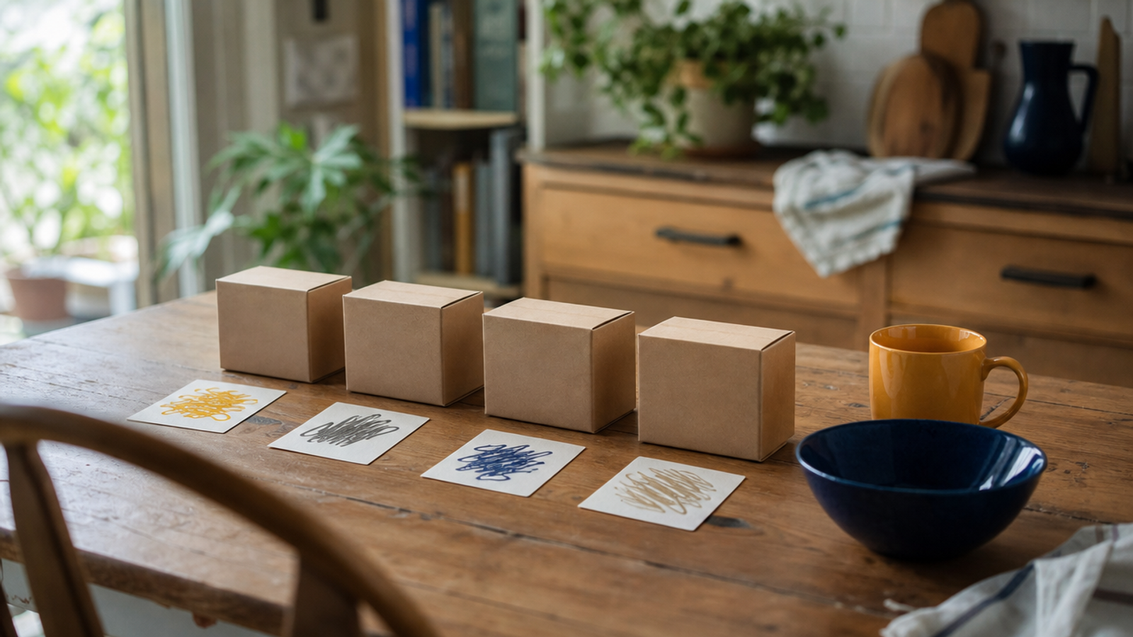 Four identical kraft boxes in a row on a kitchen table, each with a small handwritten card