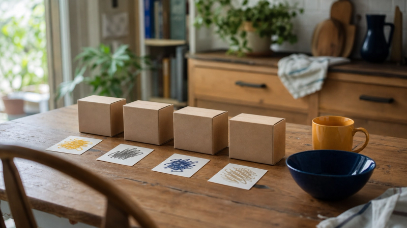 Four identical kraft boxes in a row on a kitchen table, each with a small handwritten card