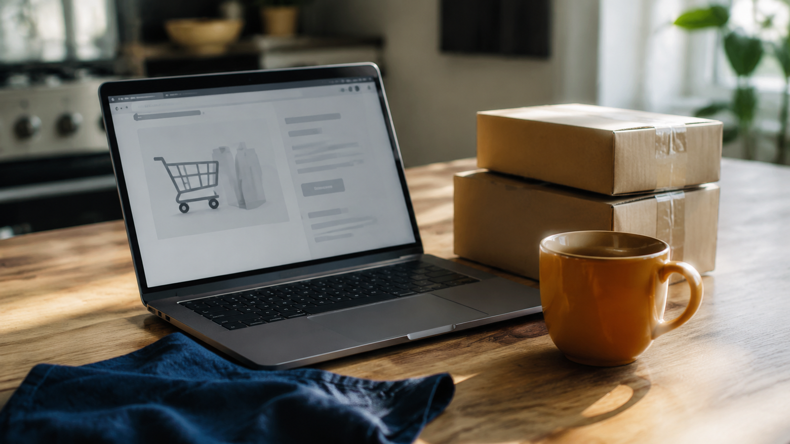 A laptop showing an online cart page beside kraft shipping boxes and an amber mug on a kitchen table