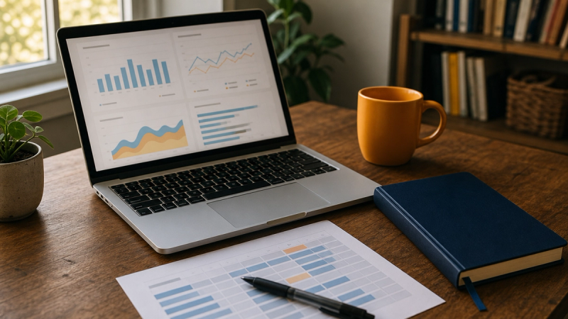 A laptop showing analytics charts beside a printed cohort sheet, a pen, and a notebook on a desk