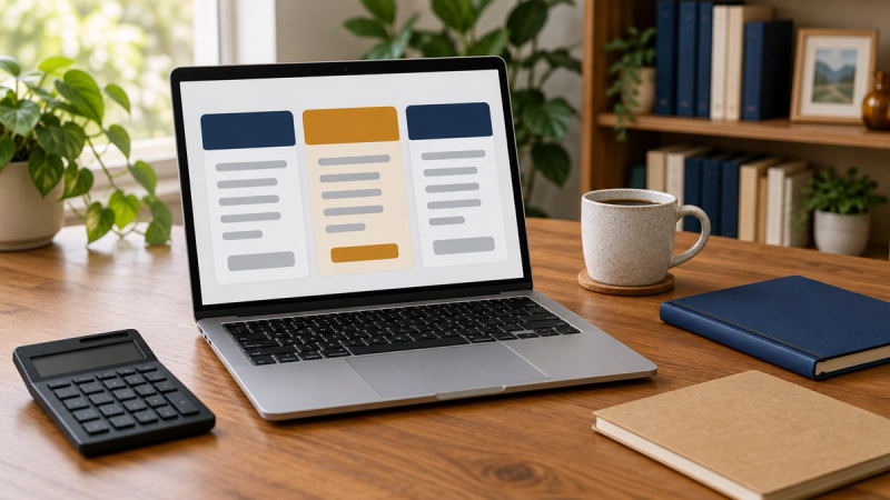 A laptop on a warm wooden desk shows a three-column pricing layout of plain grey bars and navy and amber blocks, with a calculator, a navy notebook, a kraft notebook and a coffee mug nearby, and blurred plants and a bookshelf behind.
