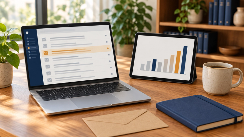 A laptop showing an inbox list with grey envelope icons and one amber highlighted row sits beside a tablet with a grey, navy and amber bar chart, on a wooden desk with a coffee mug, navy notebook, kraft envelope and blurred plants and bookshelf behind.