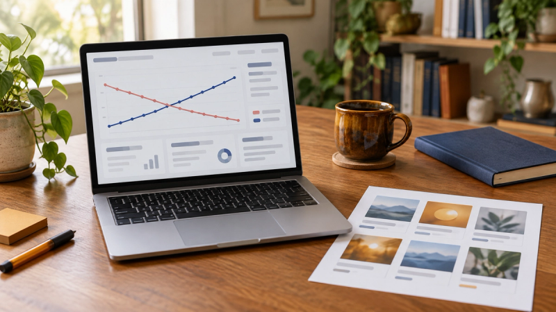 A laptop on a wooden desk showing an ads dashboard with one line trending down and another trending up, beside a printed sheet of ad thumbnails, a navy notebook, and a mug