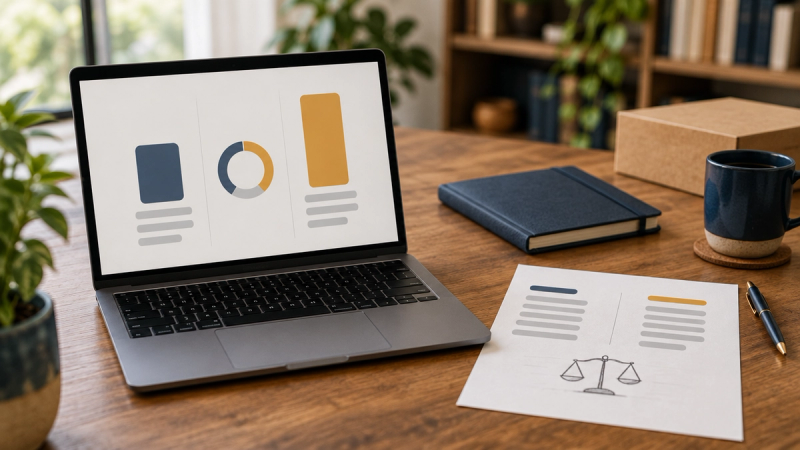 A laptop on a wooden desk showing a two-column scoreboard with a navy bar and a taller amber bar and a ratio dial between them, beside a printed sheet, a navy notebook, a mug, and a pen