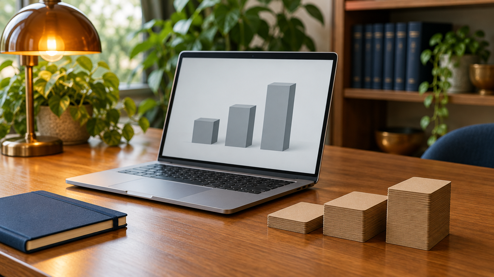 A wooden desk with a laptop showing three rising grey placeholder bars, beside three stacks of kraft loyalty cards in three heights, a navy notebook, an amber lamp, plants and a bookshelf behind.