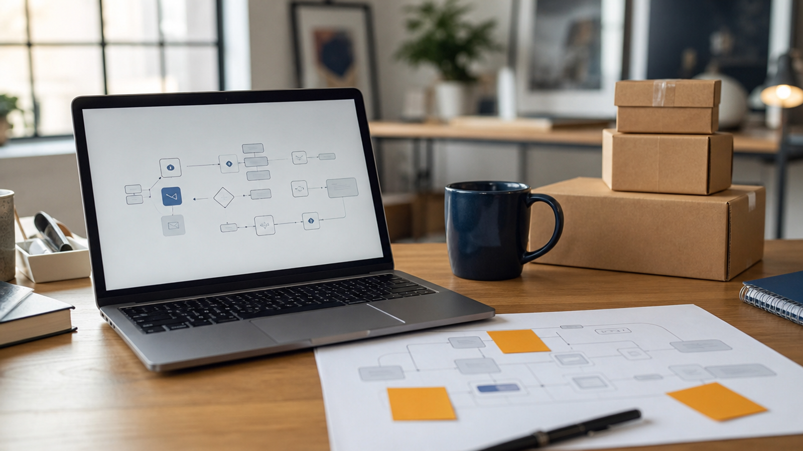 A laptop on a wooden desk showing an abstract email flow diagram, next to a printed flow map with amber sticky notes, a navy mug, and kraft parcels