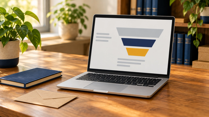 A laptop on a wooden desk shows an abstract narrowing funnel in grey, navy and amber, beside a navy notebook and a kraft envelope, with blurred plants and a bookshelf behind.