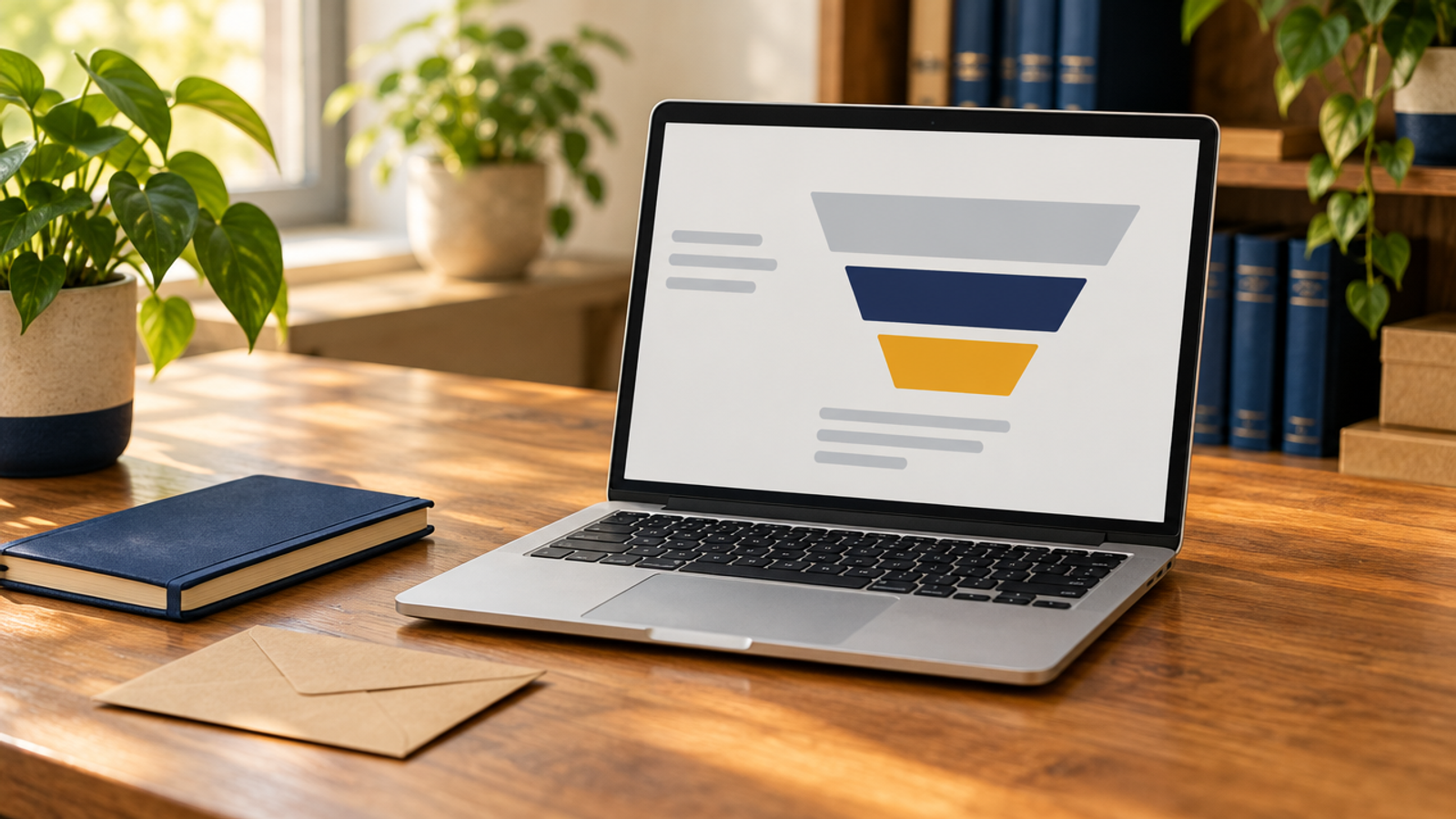 A laptop on a wooden desk shows an abstract narrowing funnel in grey, navy and amber, beside a navy notebook and a kraft envelope, with blurred plants and a bookshelf behind.