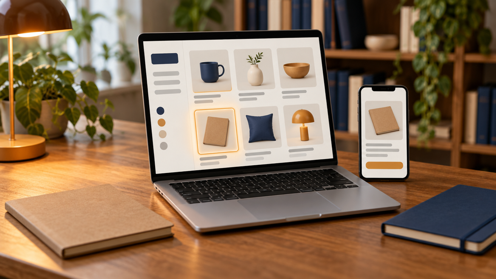 A laptop on a wooden desk shows an abstract product grid with one product tile softly highlighted, beside a phone showing a simple email layout with a product image block and grey bars, with a kraft notebook and a glowing amber desk lamp nearby.
