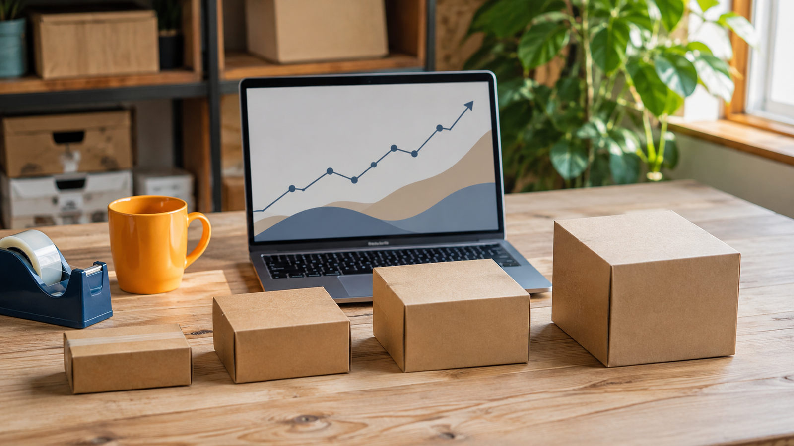 A row of parcel boxes arranged small to large in front of a laptop showing an upward chart