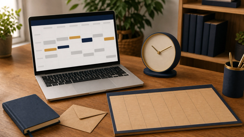 A wooden desk with a laptop showing a calendar grid of grey, navy and amber blocks, beside a navy analogue clock with a blank face and a kraft paper week planner.