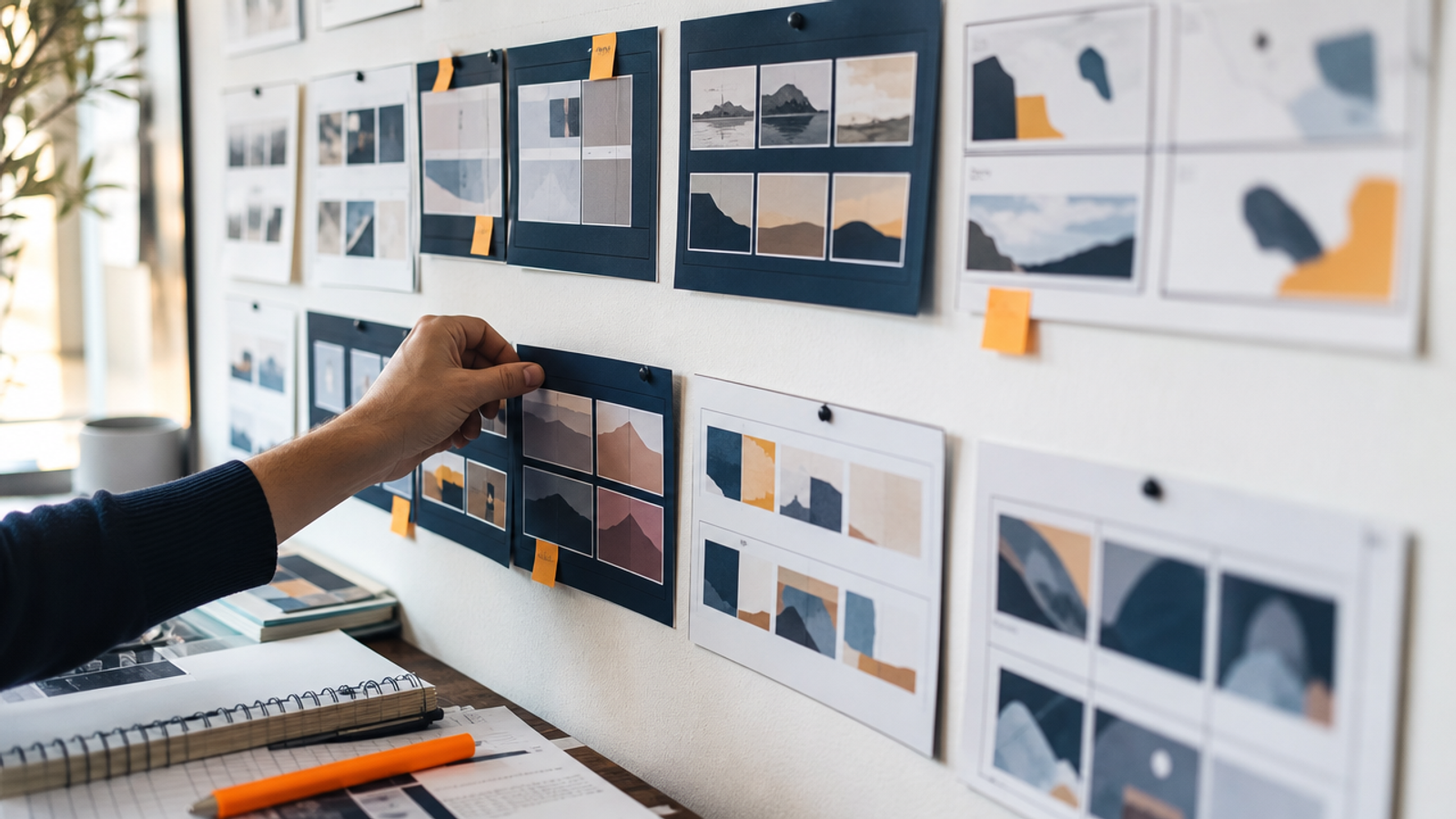 A wall grid of pinned video ad storyboard cards with amber tabs, a hand moving one card