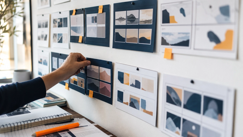 A wall grid of pinned video ad storyboard cards with amber tabs, a hand moving one card