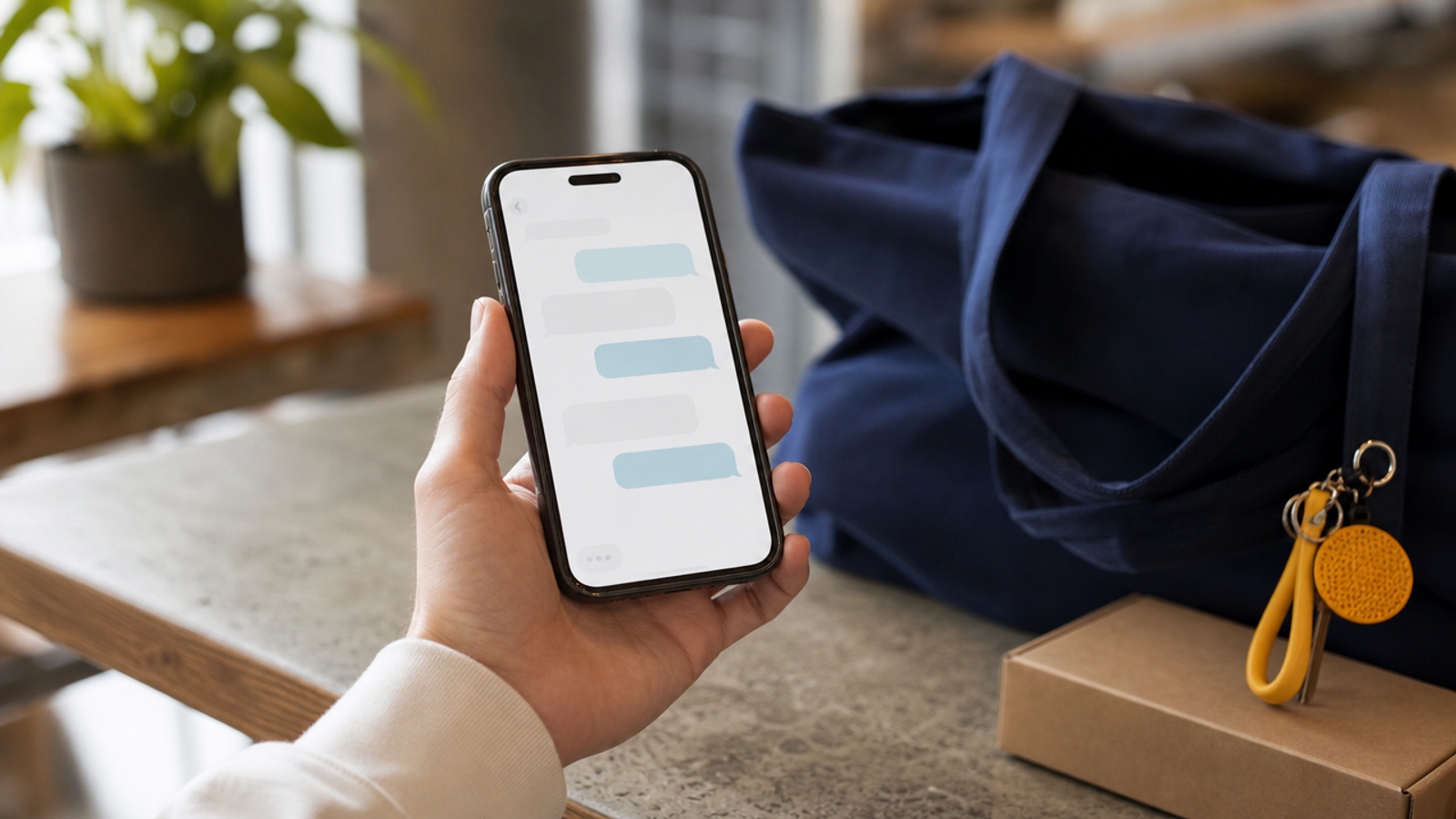 A hand holding a phone showing a text message conversation with a shopping tote and parcel behind