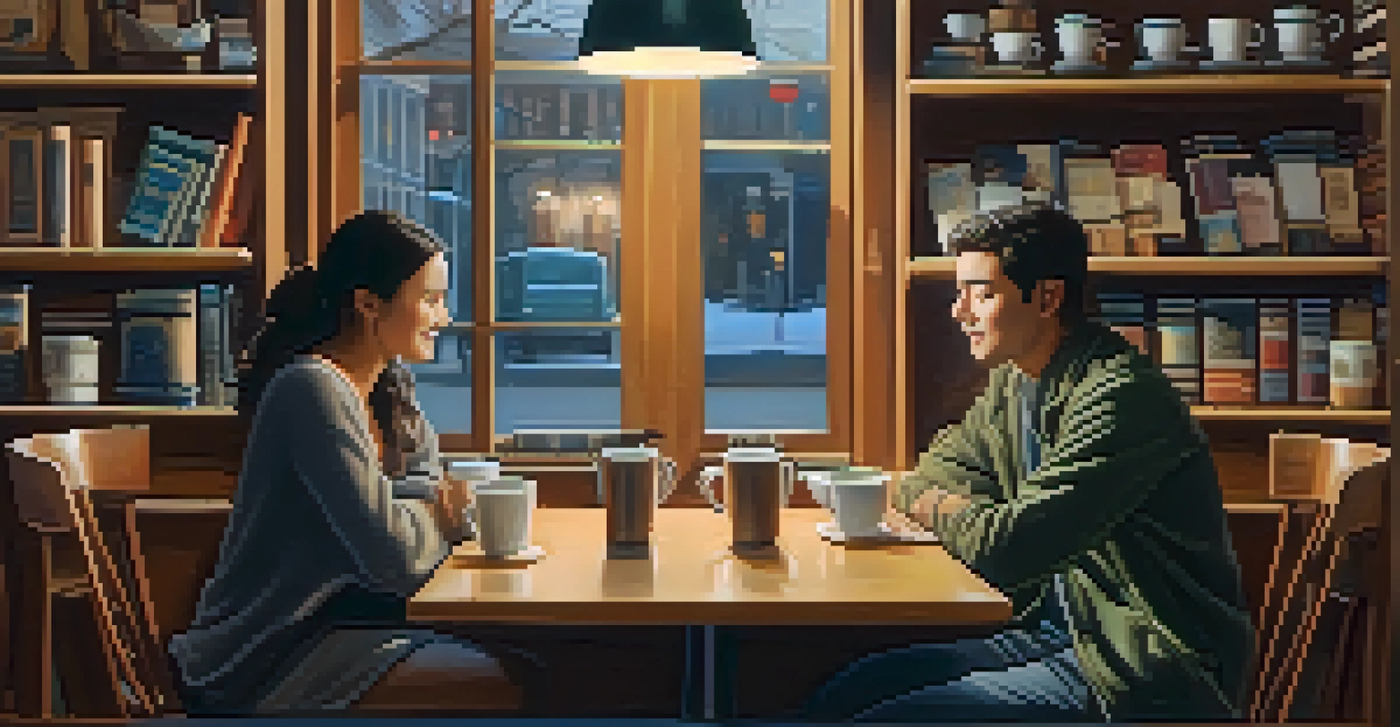 Two individuals from different cultures having a meaningful conversation in a cozy coffee shop with warm lighting.