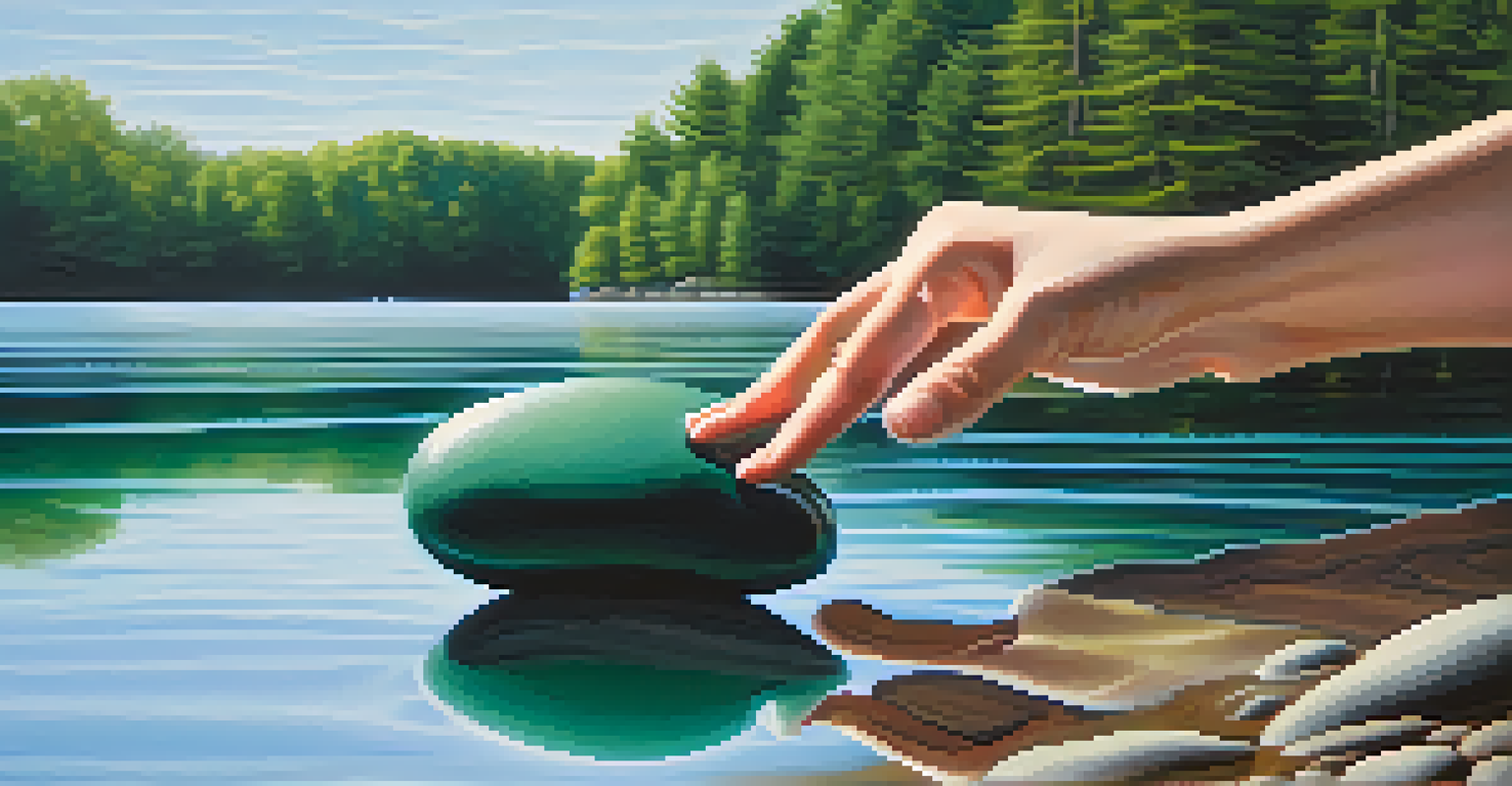 A hand holding a smooth stone with a tranquil lake and trees in the background.
