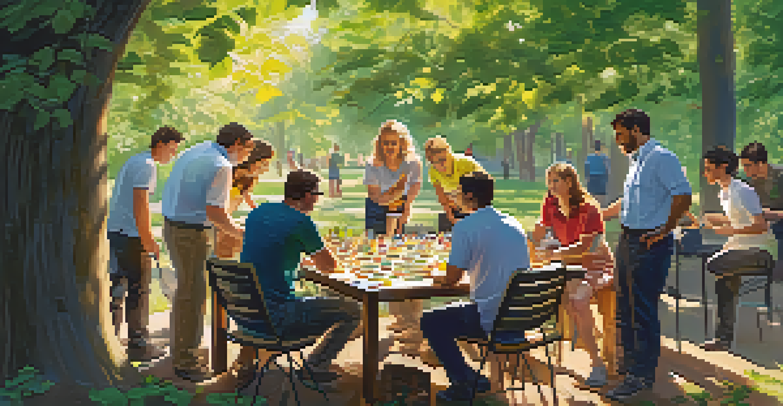 Colleagues participating in a collaborative problem-solving challenge in a vibrant park.