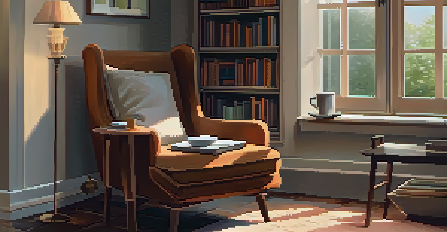 A cozy reading nook with an armchair, tea, and books on a rainy day.