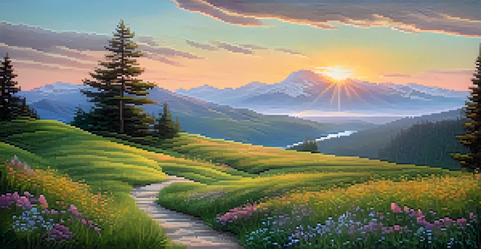 A peaceful mountain landscape at sunrise with a winding path and colorful wildflowers in the foreground.