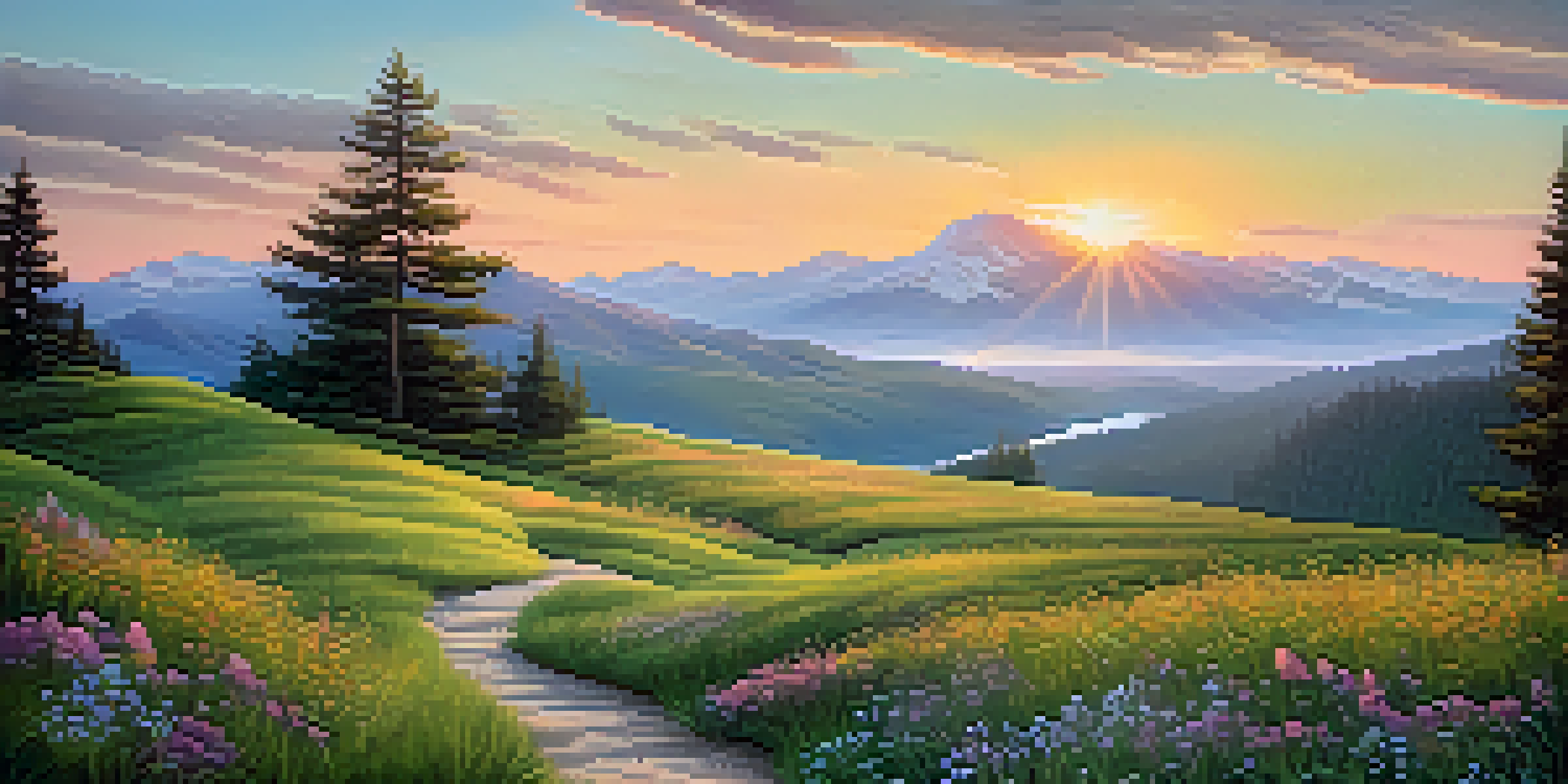 A peaceful mountain landscape at sunrise with a winding path and colorful wildflowers in the foreground.