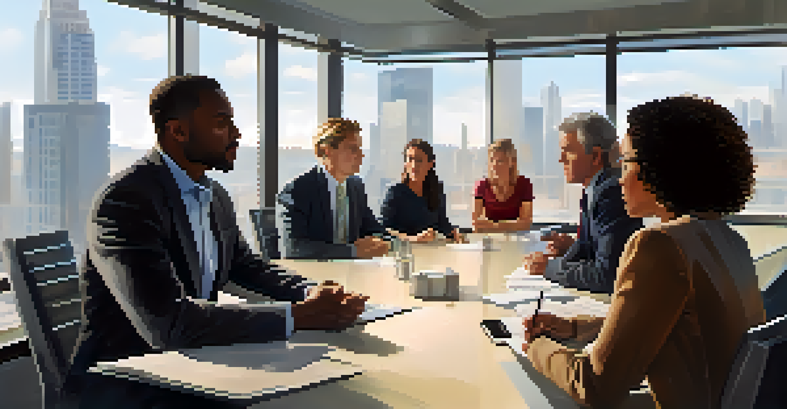 A diverse group of colleagues discussing around a conference table, showcasing active listening and empathy.