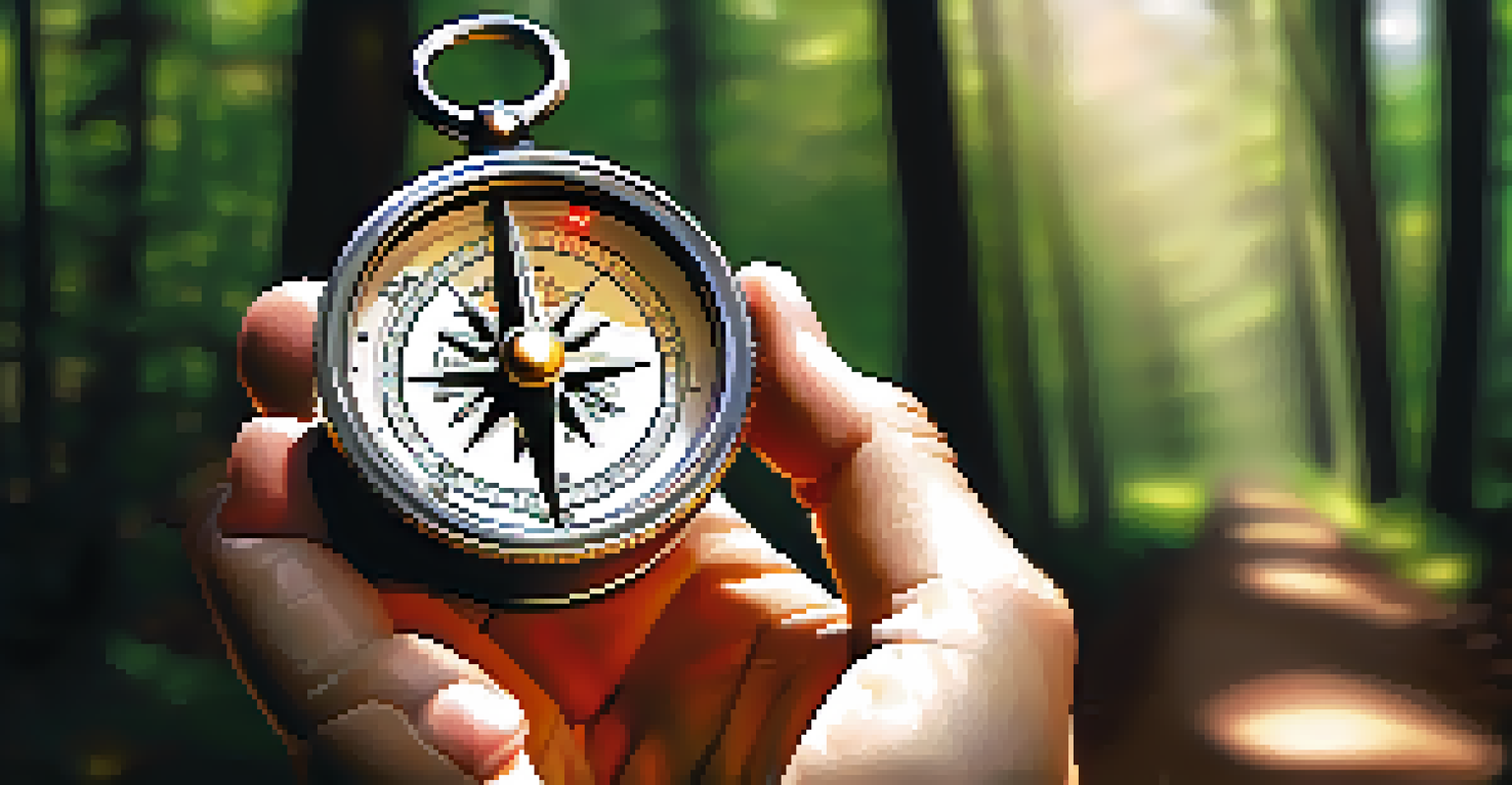A close-up of a hand holding a compass with a blurred forest path in the background, symbolizing guidance and navigating uncertainty.