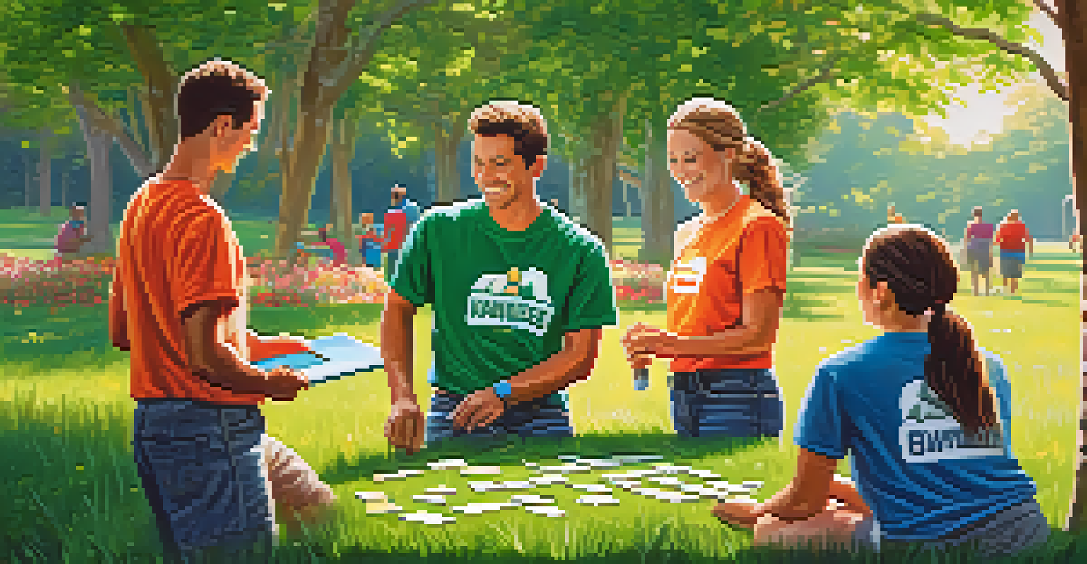 A group of team members outdoors working together on a puzzle, surrounded by nature, showcasing collaboration and teamwork.