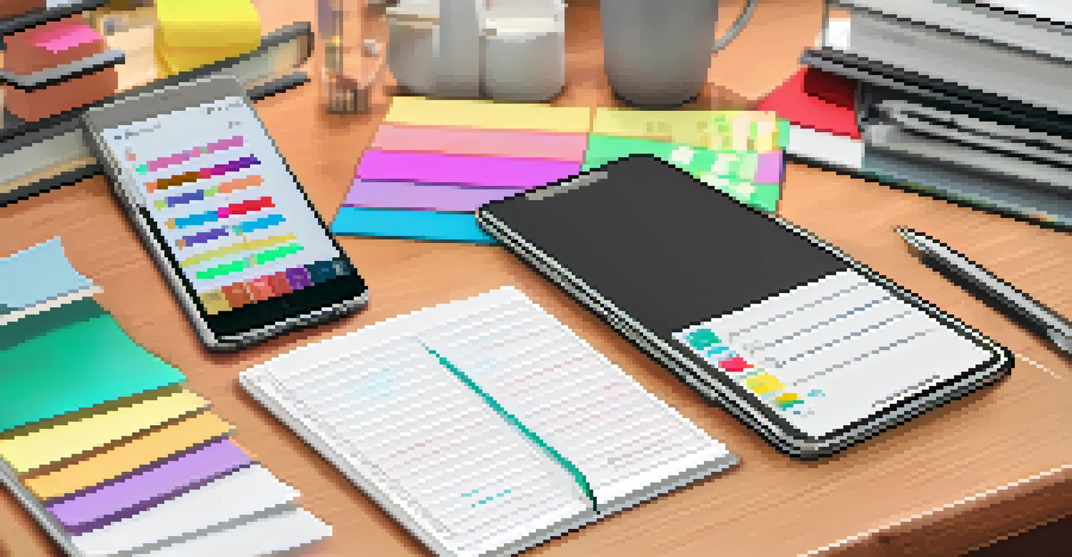An open planner with sticky notes and a pen on a table in a cozy room with a bookshelf.