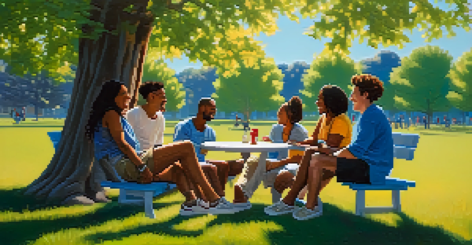 A group of diverse friends laughing and talking in a sunny park surrounded by trees.