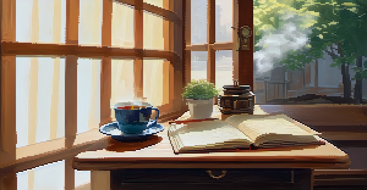 A cozy writing nook with an open journal, a cup of tea, and soft light, inviting reflective journaling.