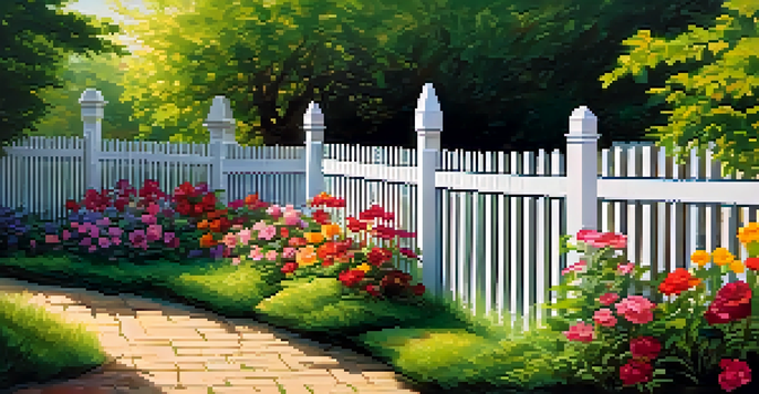 A tranquil garden with a wooden fence, colorful flowers, and sunlight filtering through the leaves.