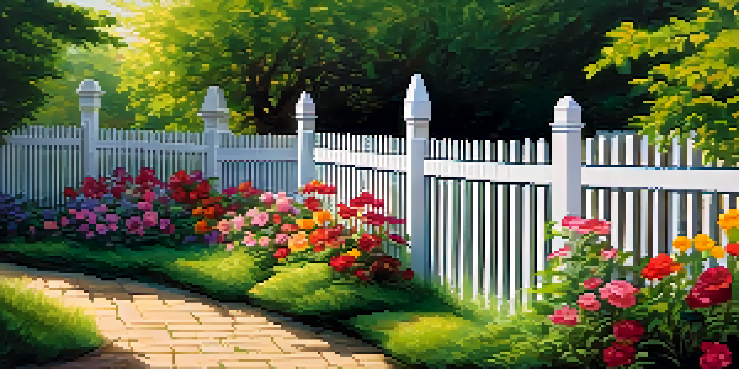 A tranquil garden with a wooden fence, colorful flowers, and sunlight filtering through the leaves.