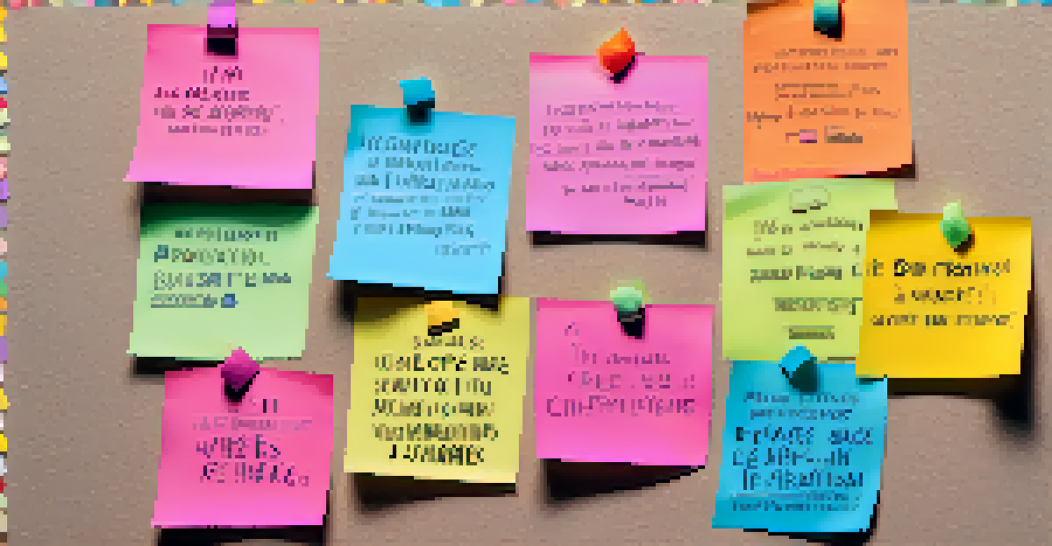 A corkboard filled with colorful sticky notes of positive affirmations, surrounded by cheerful decorations.