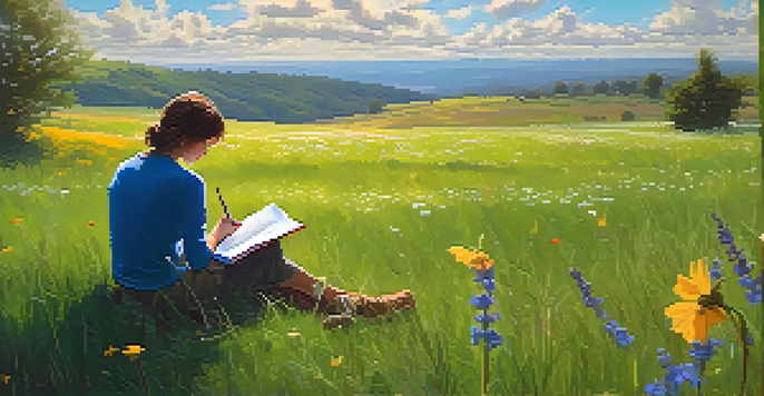 A person sitting on a grassy field, writing in a journal surrounded by colorful wildflowers under a bright blue sky.