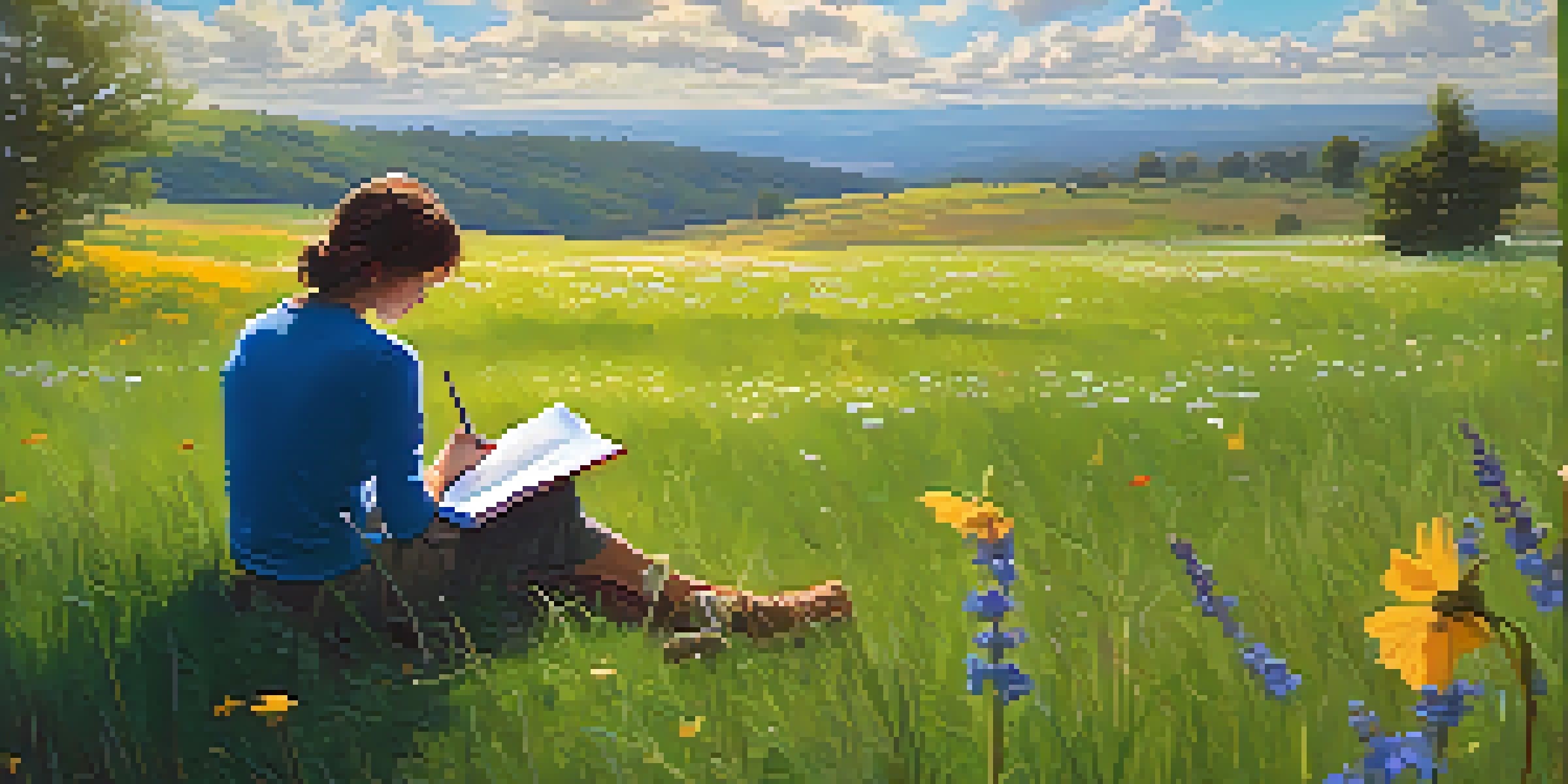 A person sitting on a grassy field, writing in a journal surrounded by colorful wildflowers under a bright blue sky.