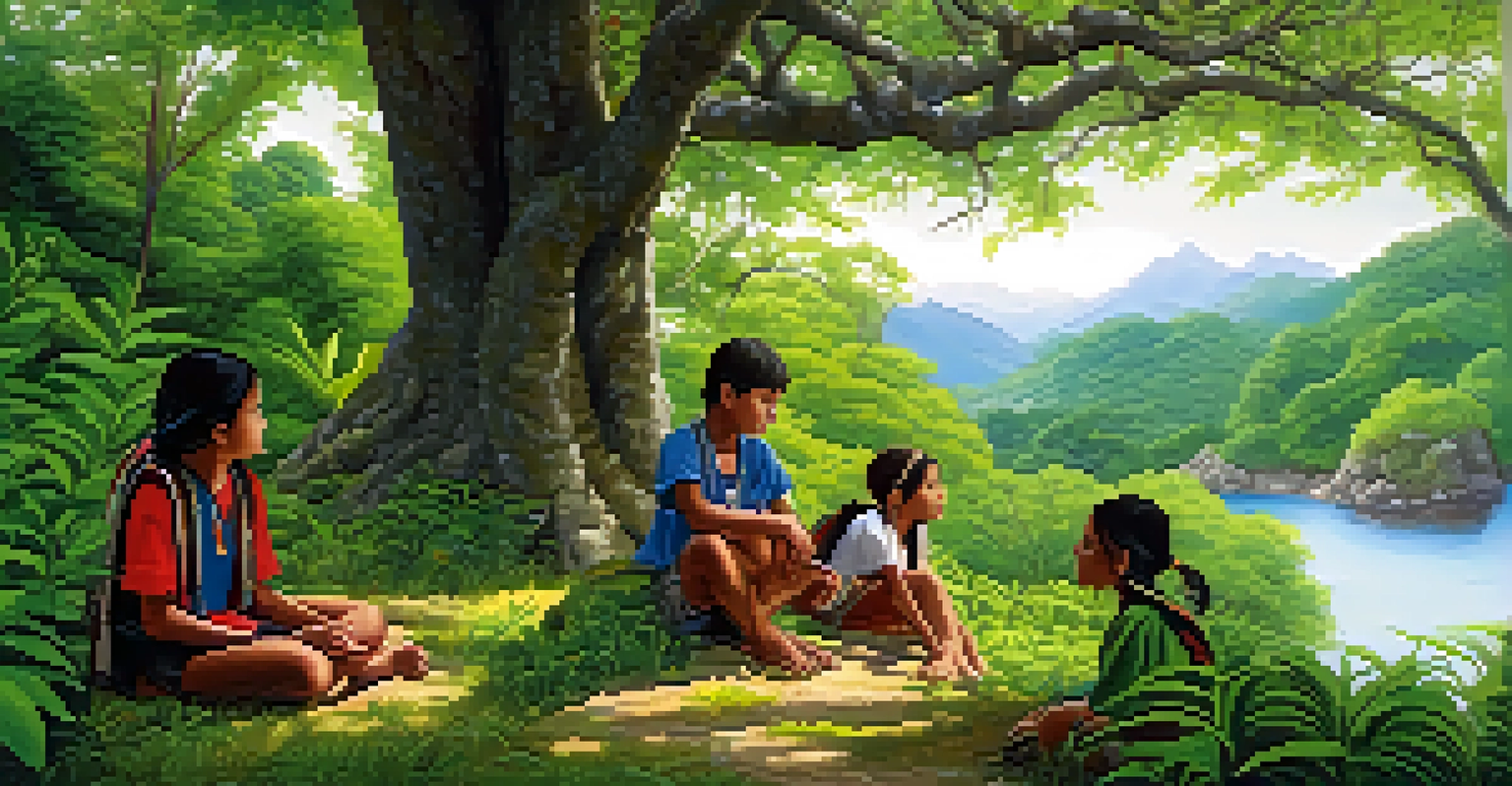 Indigenous children learning their native language from an elder in a natural setting.