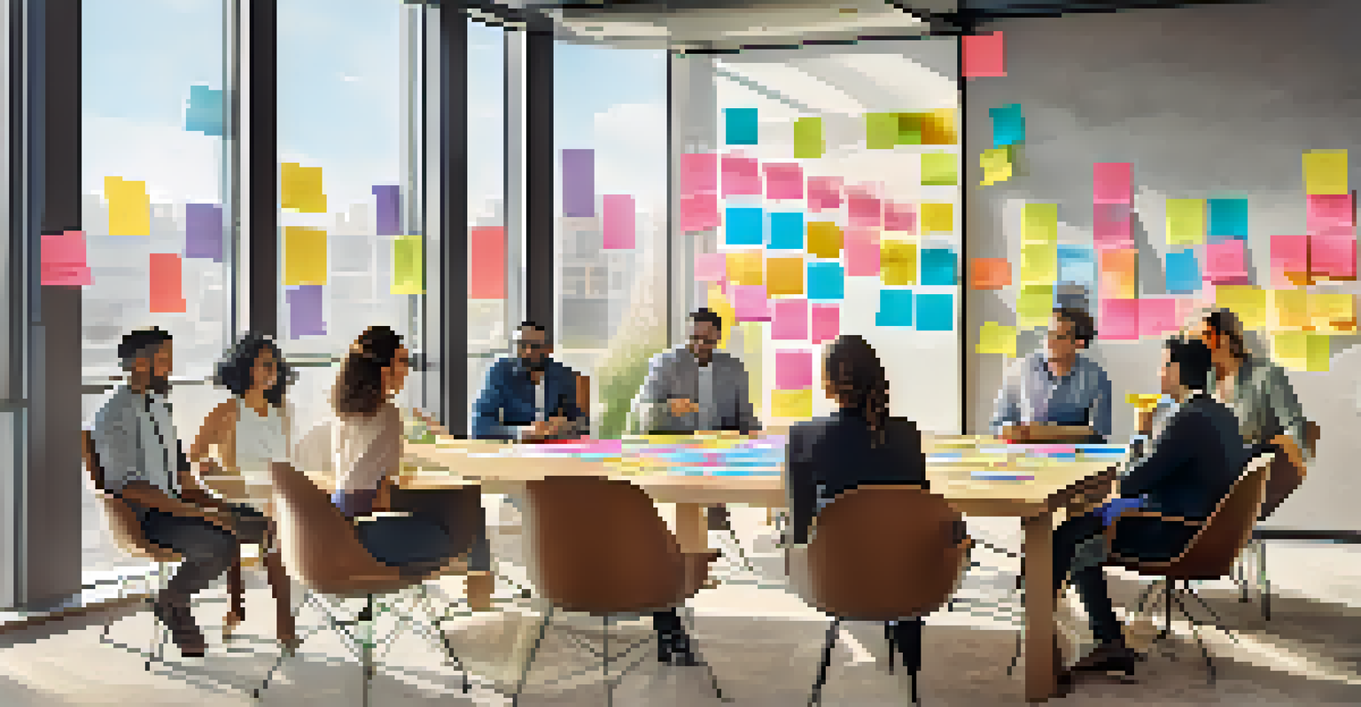 A diverse group of professionals in a conference room brainstorming with sticky notes on a glass board.