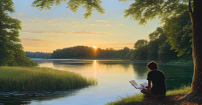 A person standing by a peaceful river, writing in a notebook during sunset, surrounded by nature.