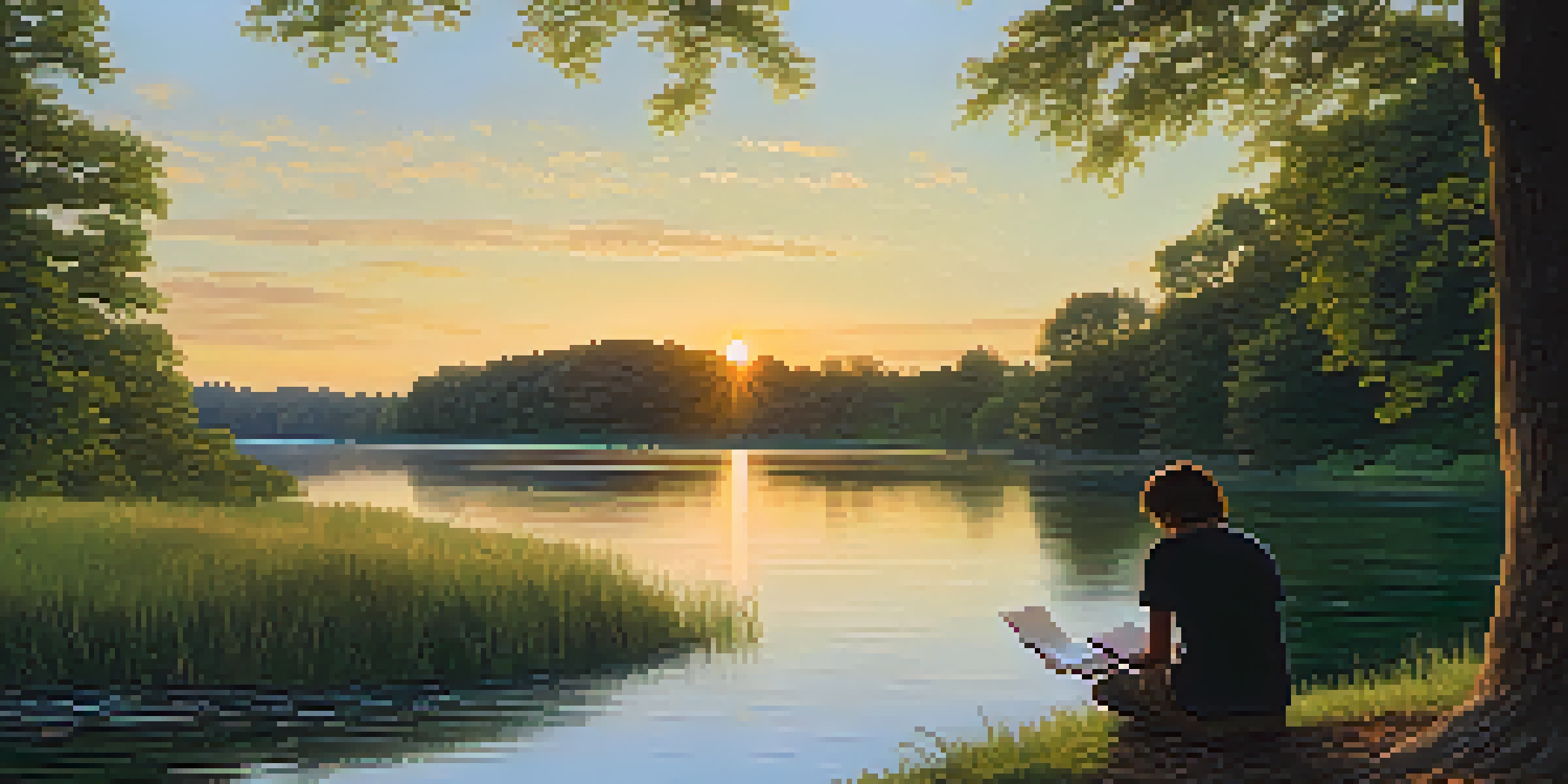A person standing by a peaceful river, writing in a notebook during sunset, surrounded by nature.