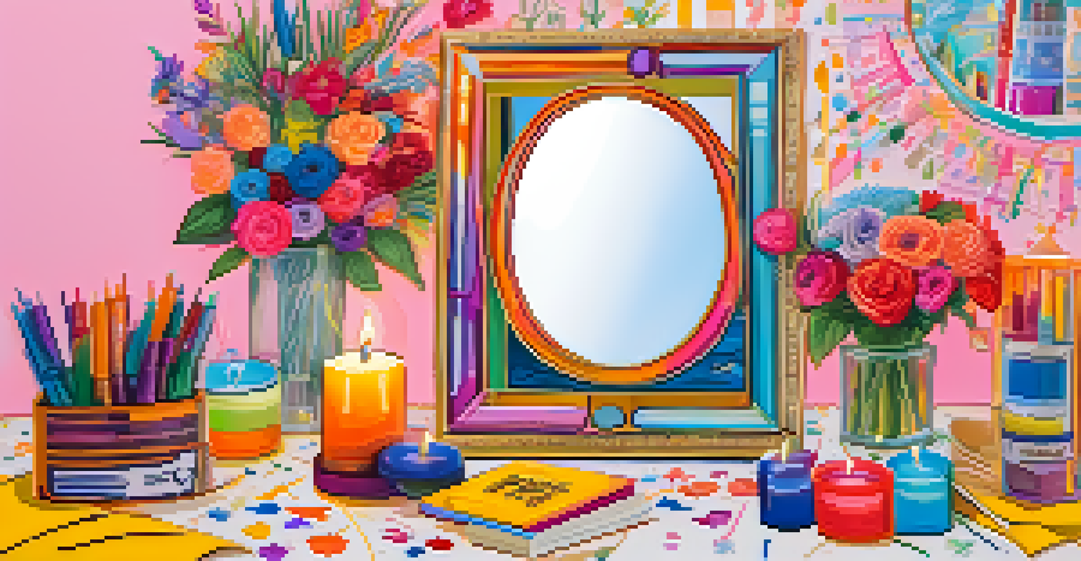 A mirror with colorful handwritten positive affirmations surrounded by decorative items, reflecting a bright room.