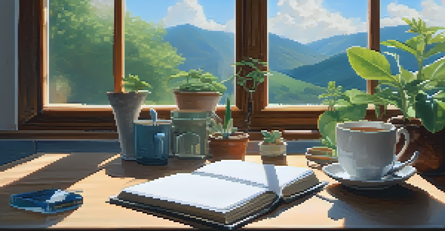 A cozy workspace with a notebook, tea cup, and plant, illuminated by sunlight coming through a window.