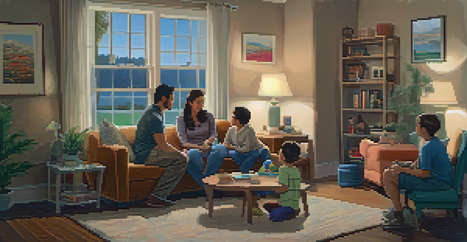 A warm living room where parents listen empathetically to their children, fostering a supportive atmosphere.