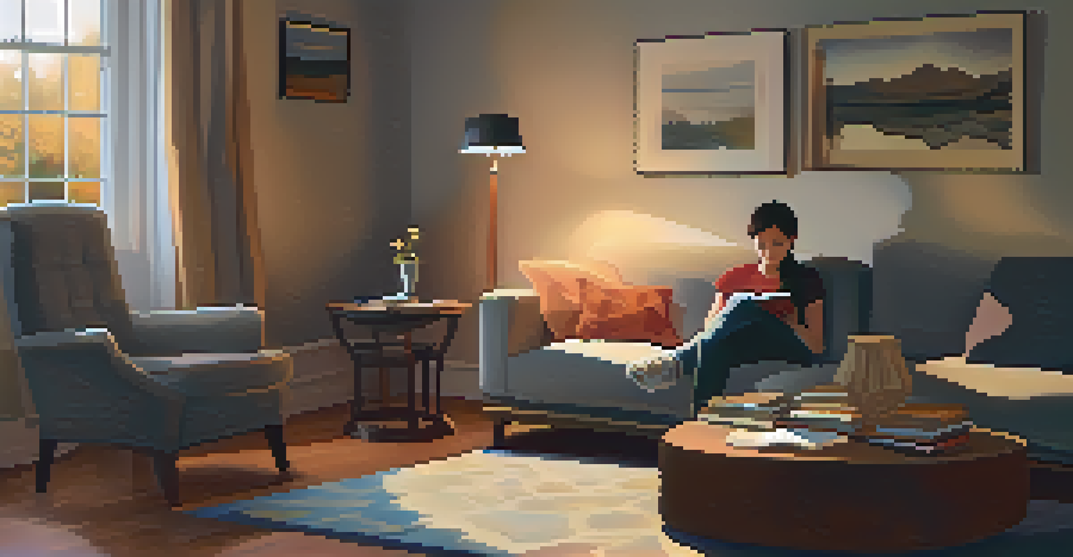 A person sitting on a couch with a journal and cup of tea, surrounded by warm lighting and a cozy atmosphere.