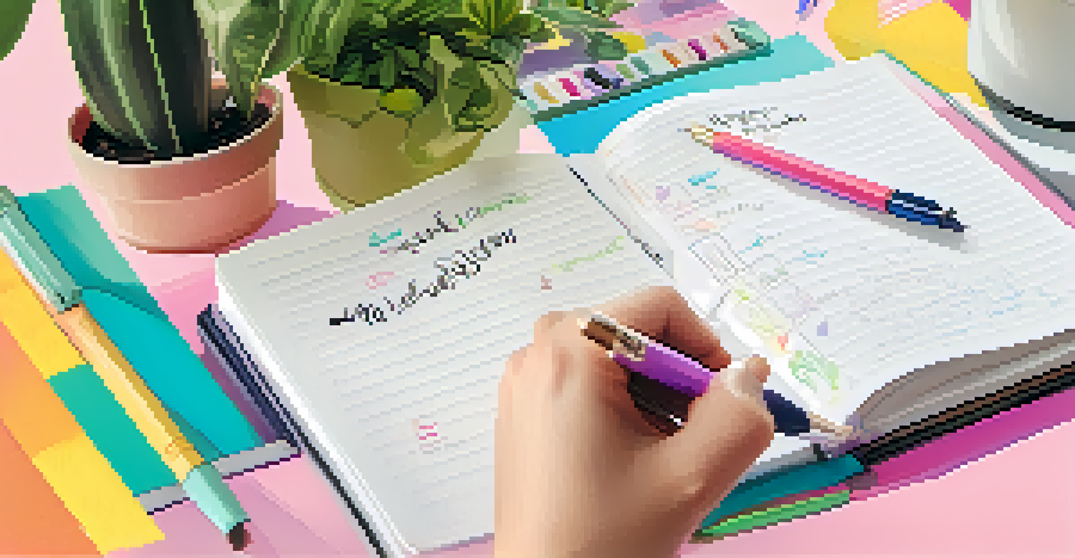 A hand writing in a planner with motivational quotes and a plant in the background.