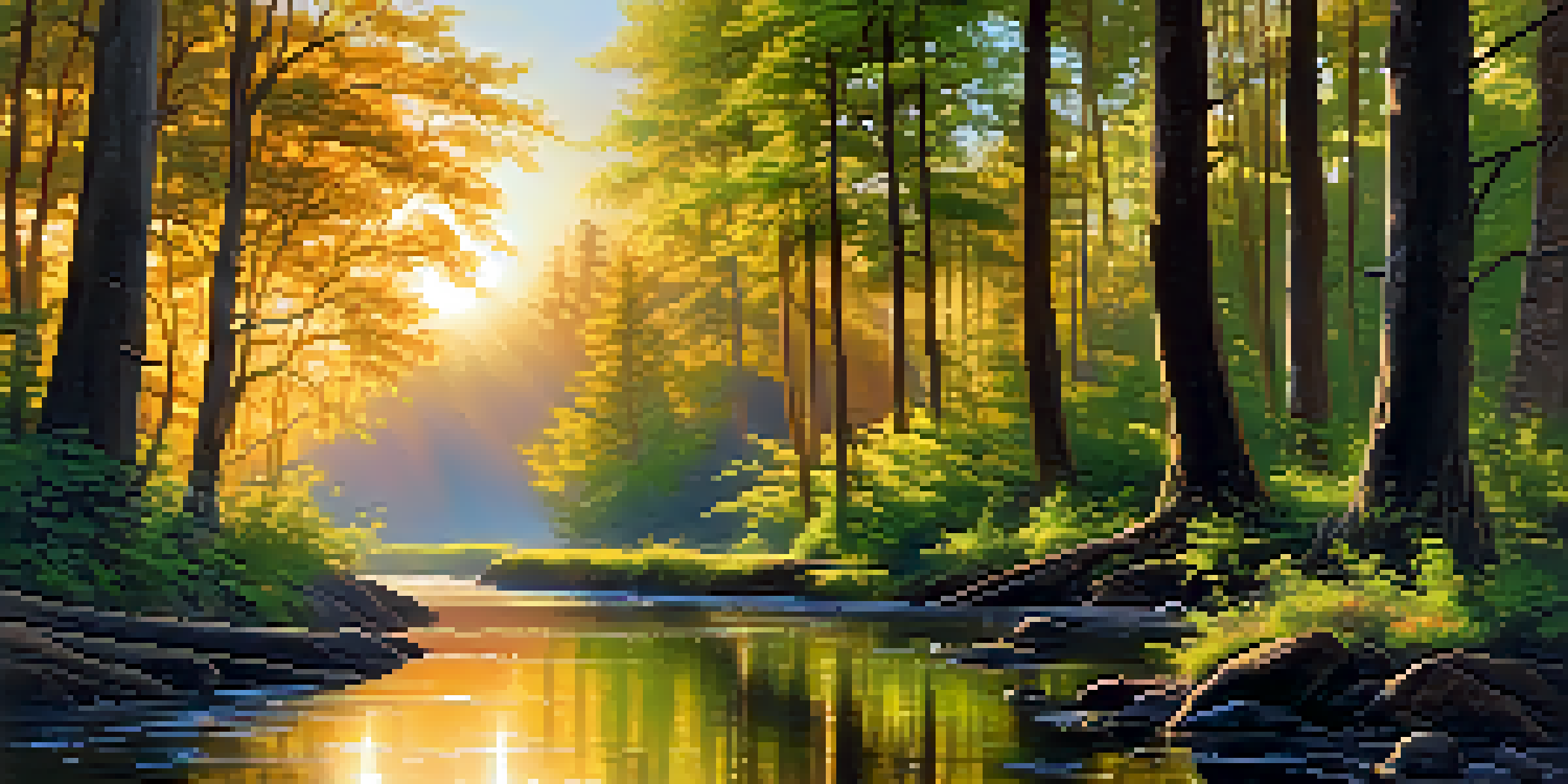 A peaceful sunrise landscape with sunlight filtering through tall trees and a flowing stream.