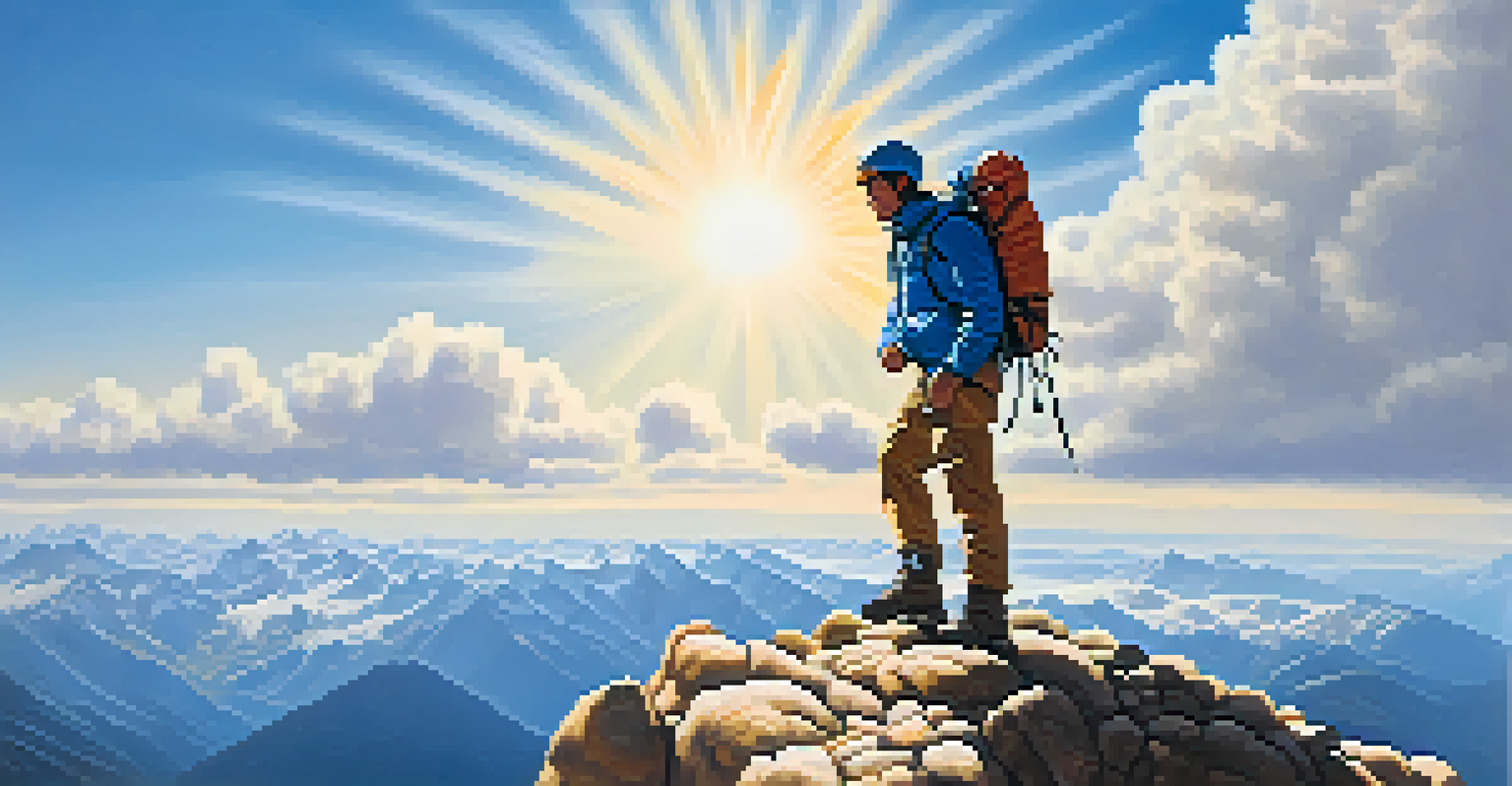 A mountain climber standing at the summit, celebrating the achievement of reaching a goal, with blue skies and golden sunlight in the background.